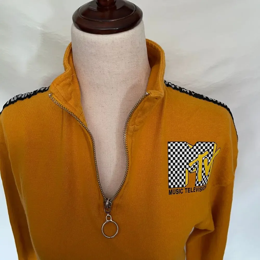 MTV Y2K Mustard 1/4 Zip Womens Sweeatshirt I Want My MTV Graphic Retro 90s - Picture 2 of 12